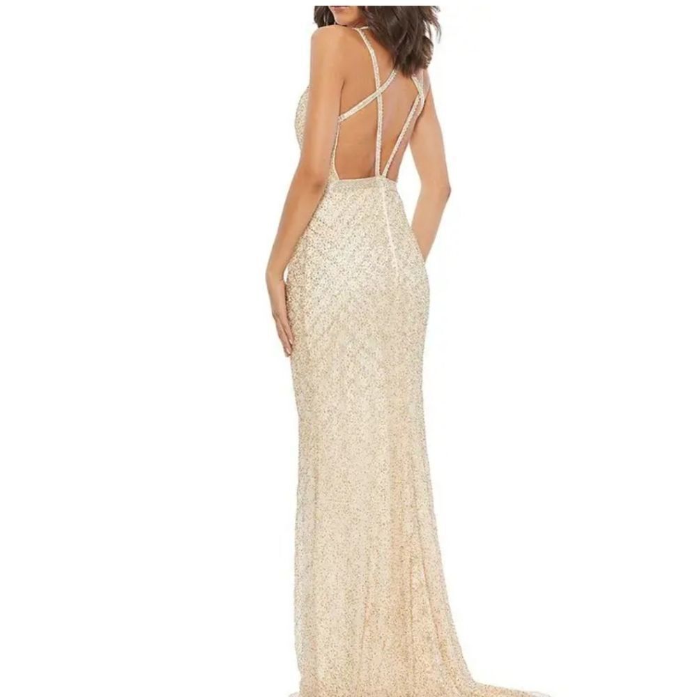 Mac Duggal Sequined A Line Crisscross Gown 0 gold beaded